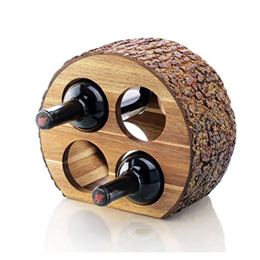

48537 Acacia Wood Countertop Wine Rack with Natural Bark, 4-Bottles