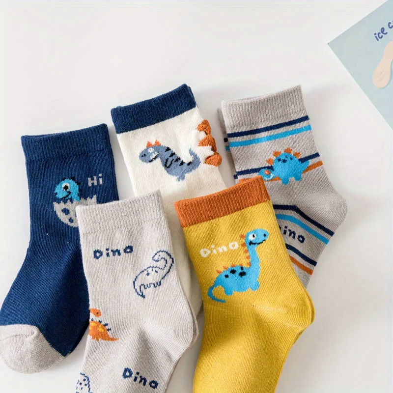 5 Pairs Kids Cartoon Dinosaur Socks Boys Soft Cotton Mid Calf Socks Breathable Children Daily Socks