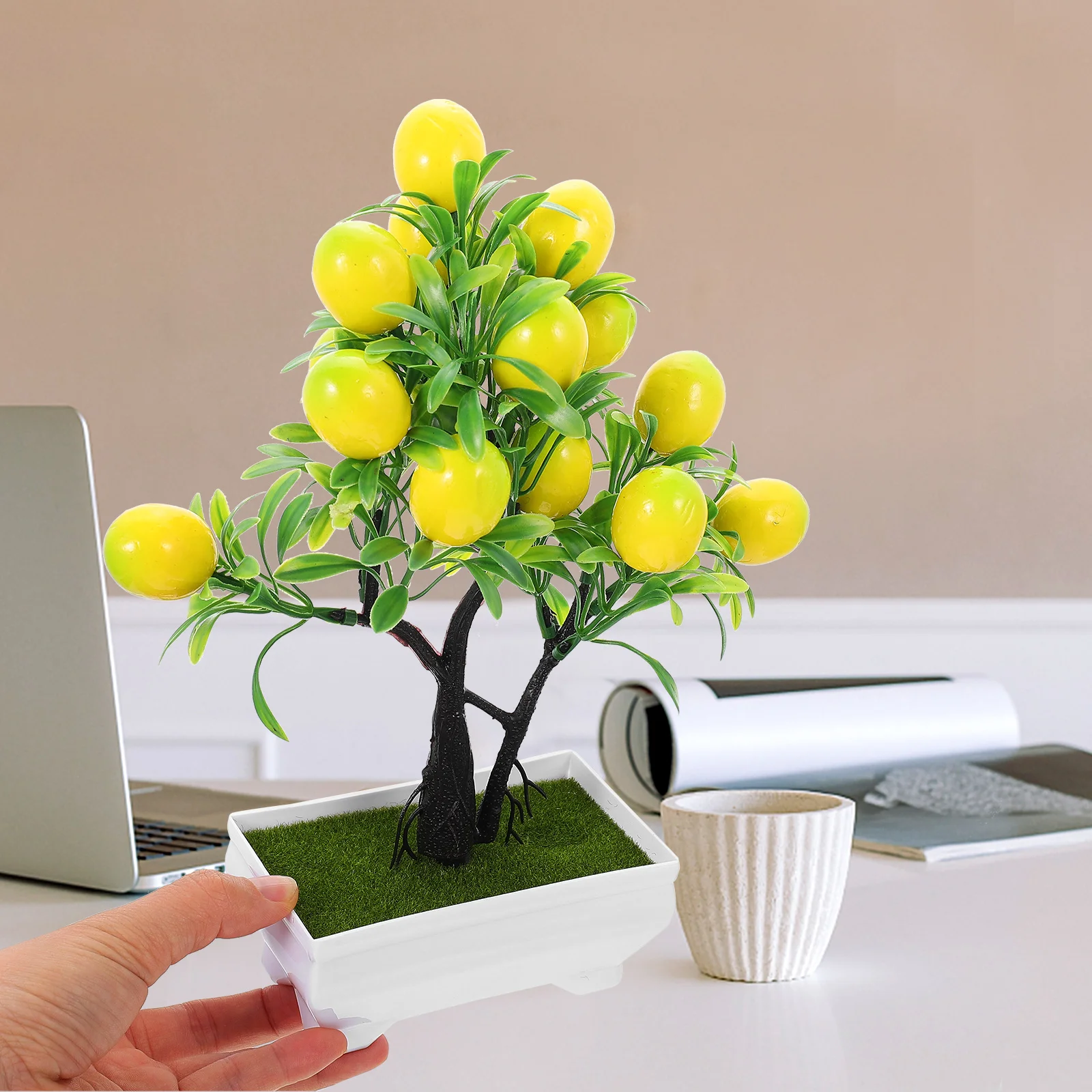 

2pcs Artificial Lemon Bonsai Plants Home Decor Desktop Fake Tree Simulation Faux Bonsais Office Adornments Simulated Fruit Trees