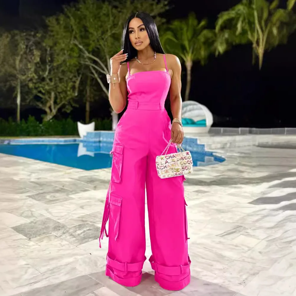 

2024 Summer Women Casual Spaghetti Straps Multi Pockets Wide Leg Pants Fashion New Solid Color Loose Sexy Strapless Jumpsuits