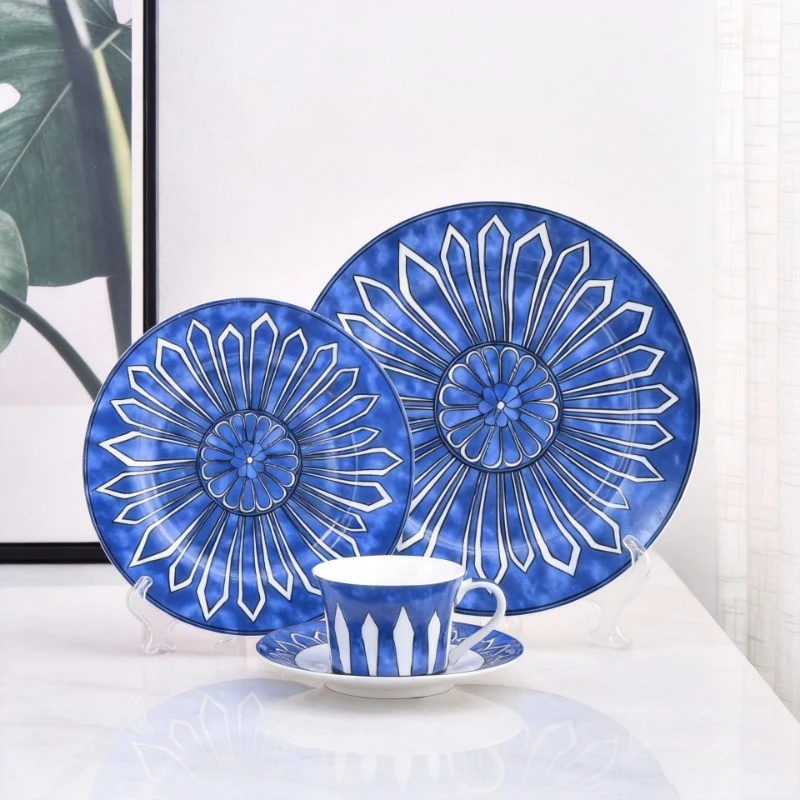 High-End Blue Imprinted Bone China Tableware Four Sets European Light Luxury Style Coffee Cups Home Table Display Gifts