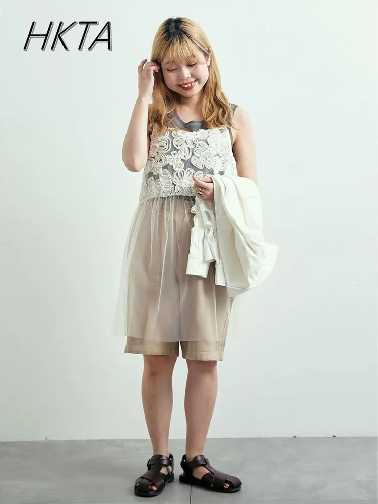 일본 여름 신상 스택 자수 플라워 스플라이싱 튤 슬링 베스트 여성 스윗 루즈 출퇴근룩 개성 캐미솔 탑