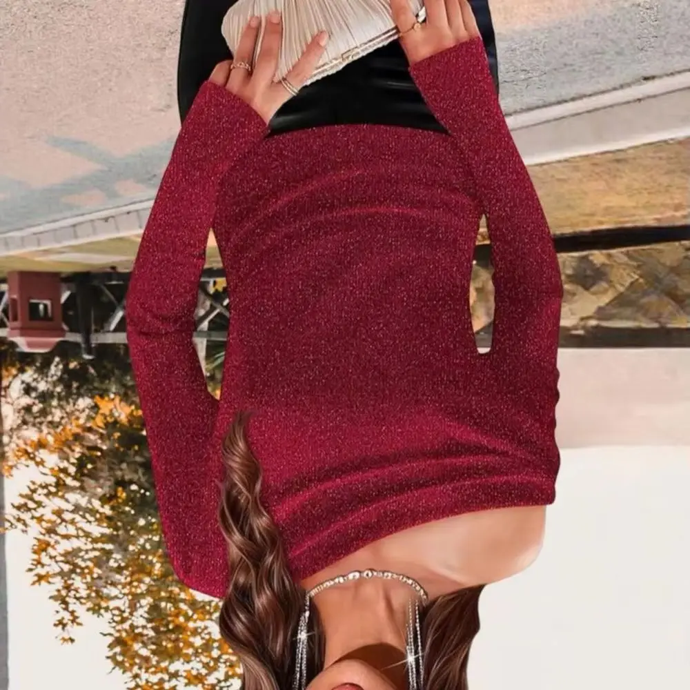 

Women T-shirt Off Shoulder Long Sleeve Slim Fit Pullover Tops Glitter Solid Color Stretchy Tops Work Party Casual Wear