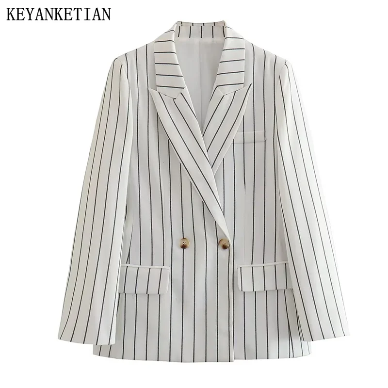 KEYANKETIAN donna vestito a righe nuovo autunno doppio petto tasca con patta decorato nero bianco colore dritto Top capispalla per il tempo libero