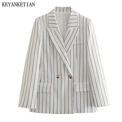 KEYANKETIAN donna vestito a righe nuovo autunno doppio petto tasca con patta decorato nero bianco colore dritto Top capispalla per il tempo libero