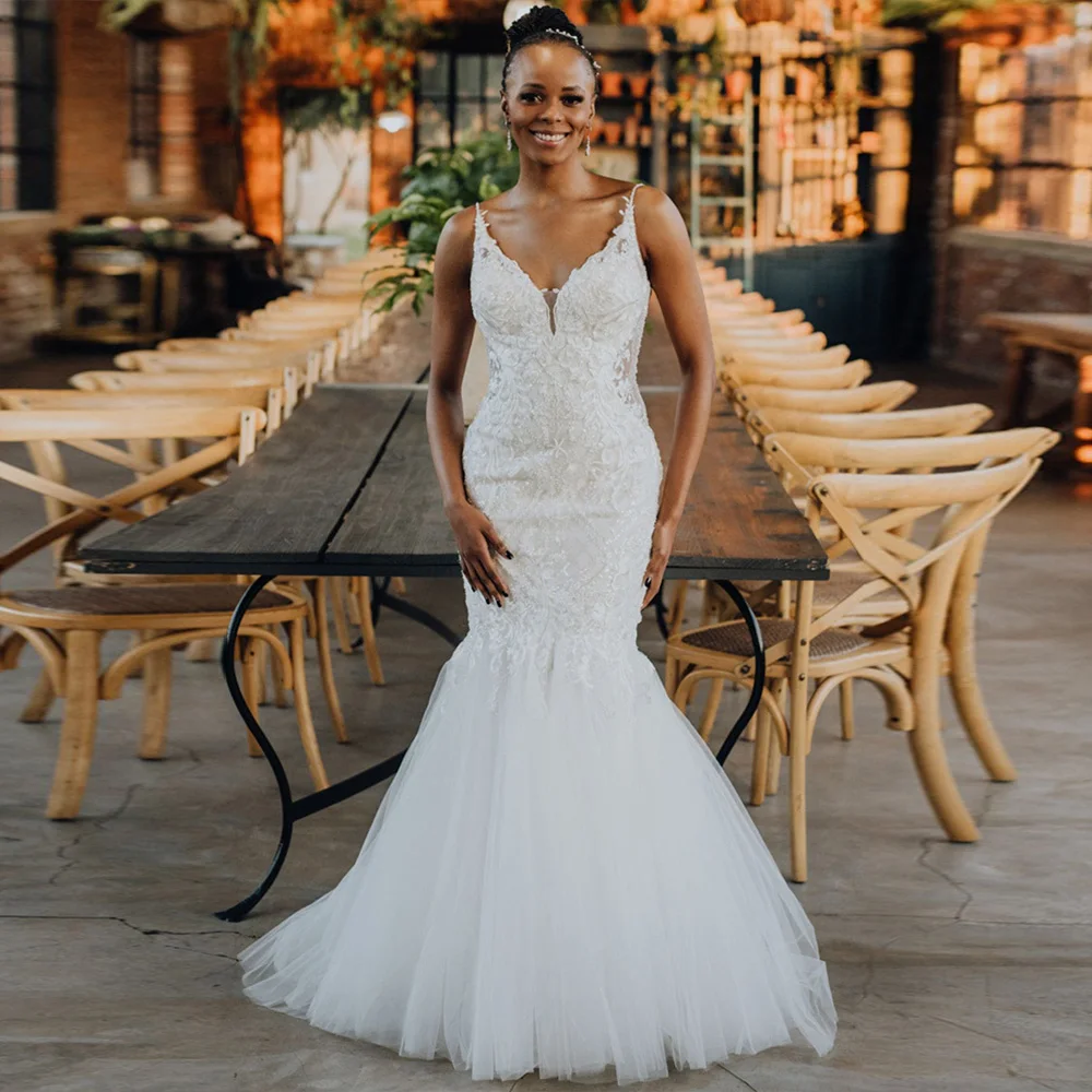 

Очаровательное африканское свадебное платье-русалка с V-образным вырезом, на тонких бретелях, в пол, белое, с аппликациями, без спинки, Vestido De Novia