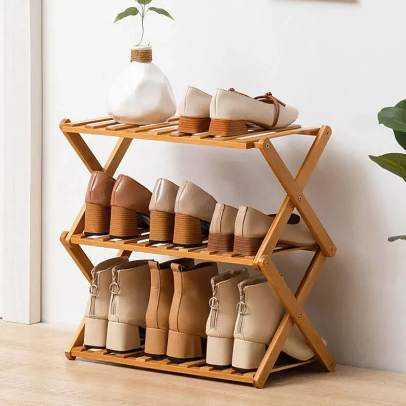 Shoe Rack Bamboo X-shaped Installation Free Multilayer Folding Shoes Rack Space Saving Shoe Stand Storage Shelf Home Furniture