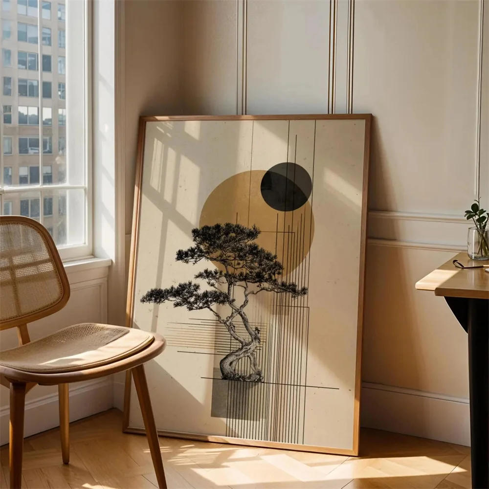 1 pieza de arte de pared de bonsái japonés | Póster japonés minimalista | Impresión digital Zen Nature | Cartel sin marco con ilustración de sol abstracta