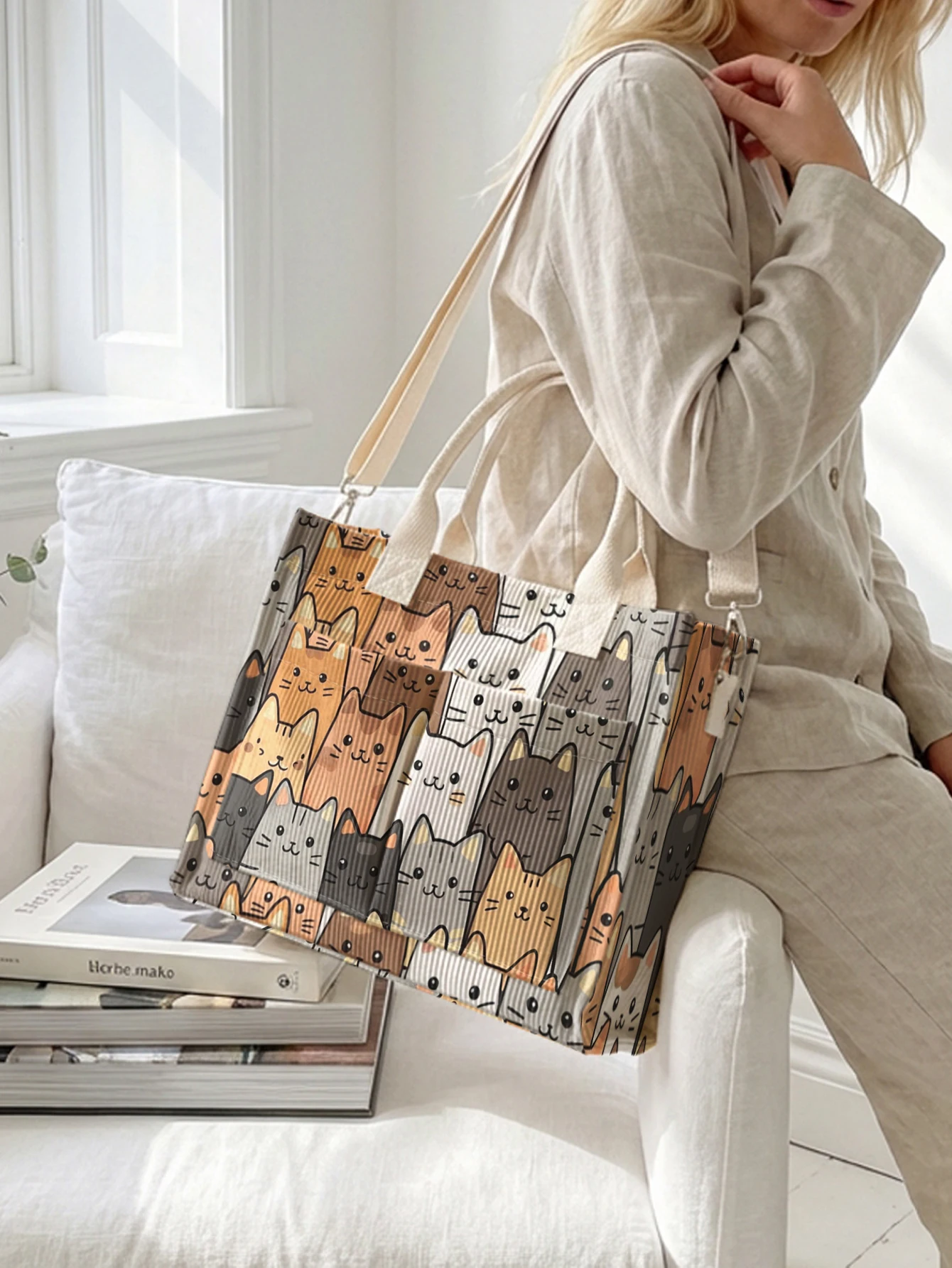 Cute Cartoon Cat Collage Print Corduroy Tote Bag Large Capacity Multi Pocket Cat Lover Commuter Shoulder Bag