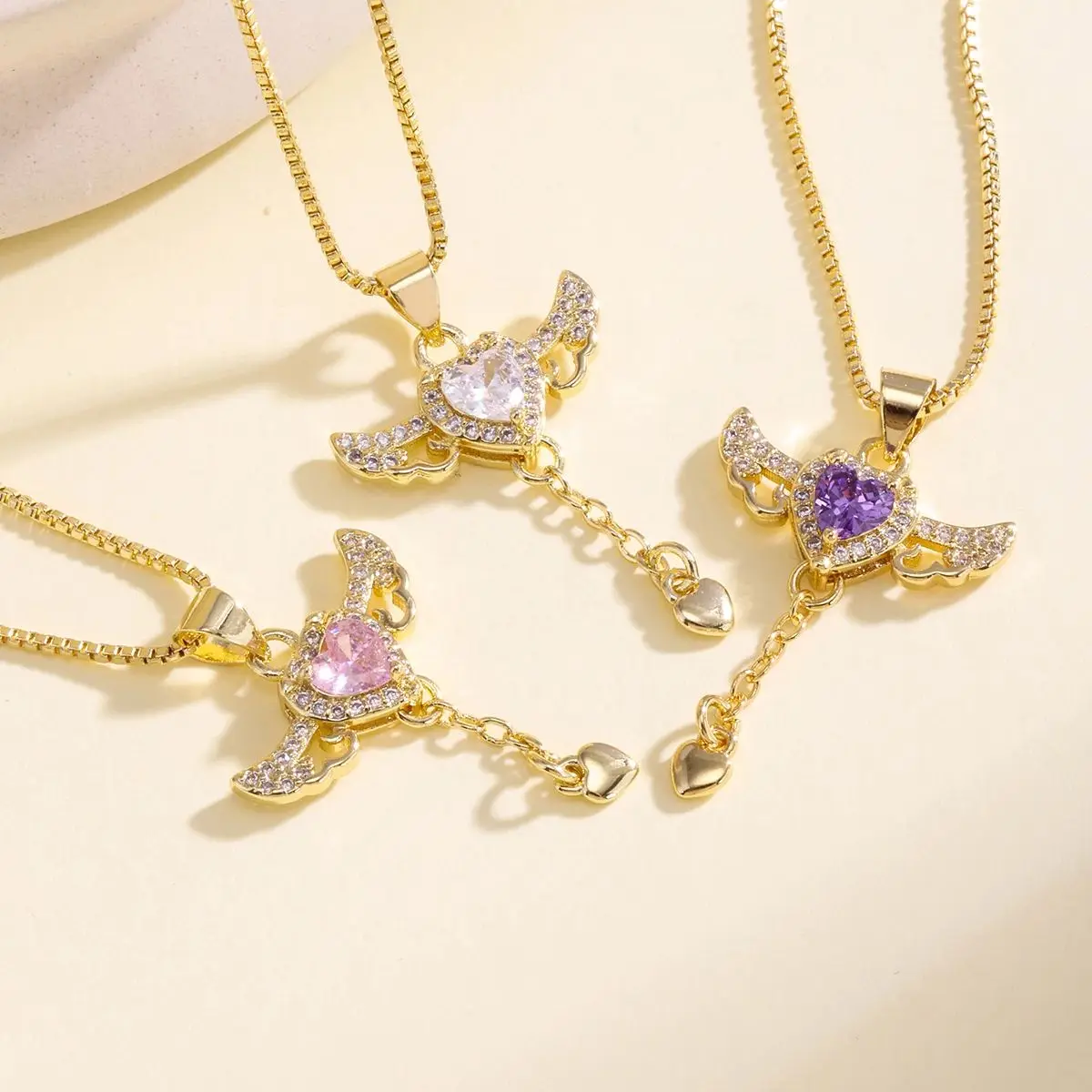 

AIBEF Romantic Heart With Wing Chain Pendant Necklace For Women Copper Cubic Zirconia Link Sweet Jewelry Gift