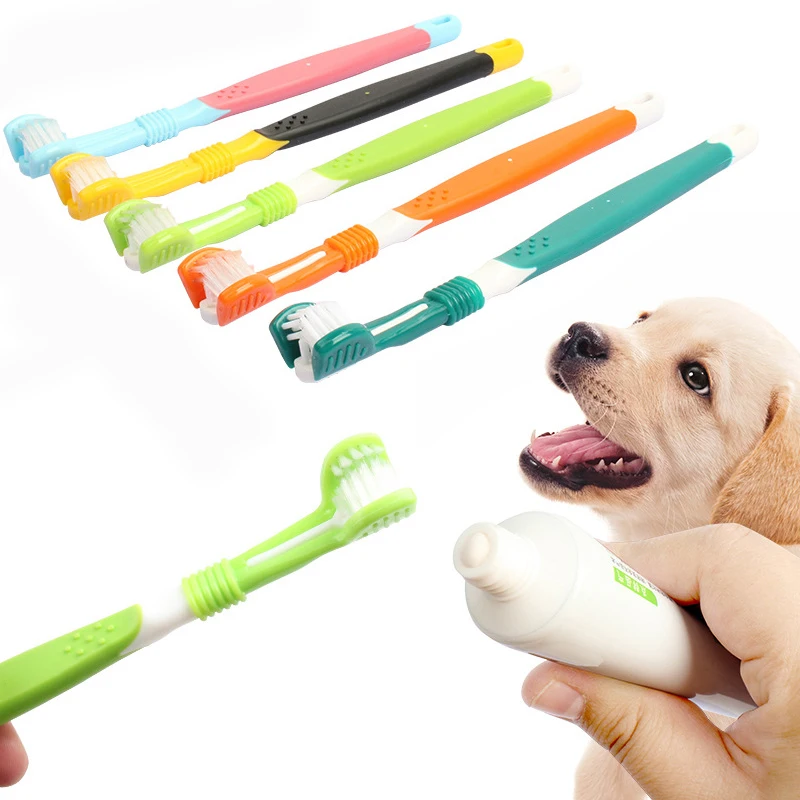 Brosse à dents multi-angle à trois côtés pour animaux de compagnie, 3 têtes, livres, chien, chat, mauvaise haleine, outil de soin des dents