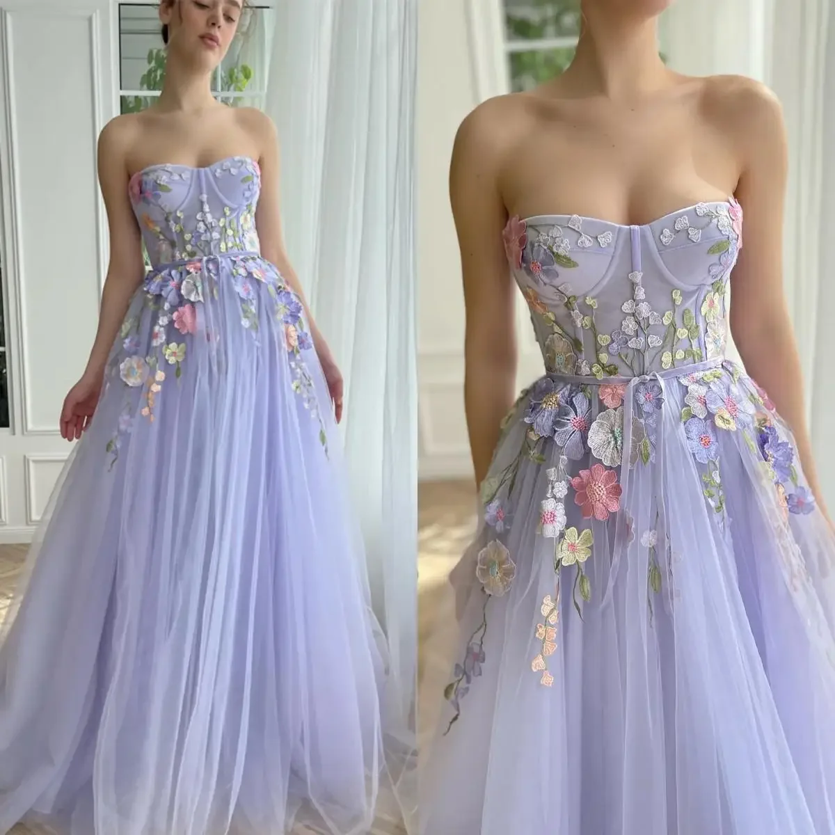 14766# Lavender Floral Tulle Maxi Evening Dress Strapless Flower Appliques  Prom Party Gowns Formal Event Dress customize