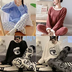 Kalınlaşmış sıcak pazen büyük boy kadın pijama Set uzun kollu sonbahar ve kış sıcak karikatür ayı mercan kadife pijama