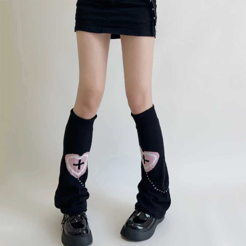 Women Gothic Knit Leg Warmers Socks for Cross Heart Balloon Reversible Foot Cove