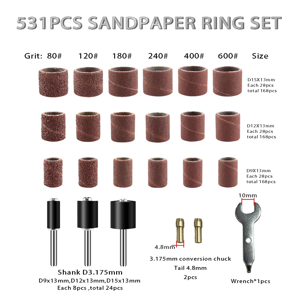 531Pcs/Pack Sanding Bands 80-600 Grit File for Professional Manicure Pedicure Nail Electric Drill Machine Grinding Sand Ring Kit