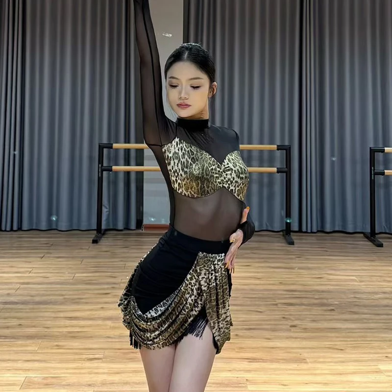 신상 라틴 댄스 공연 의상 레오파드 메쉬 섹시 룸바 차차 탱고 댄스 연습복 대회 드레스 수트 DNV25999