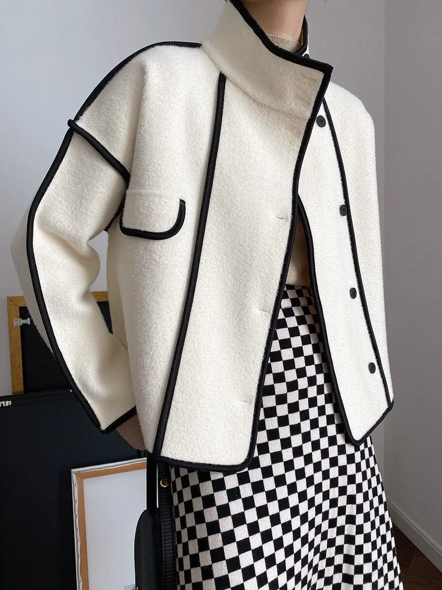 autumn winter New Double-Sided Woolen Coat Women's loose black and white contrasting short cardigan jacket stand up collar top