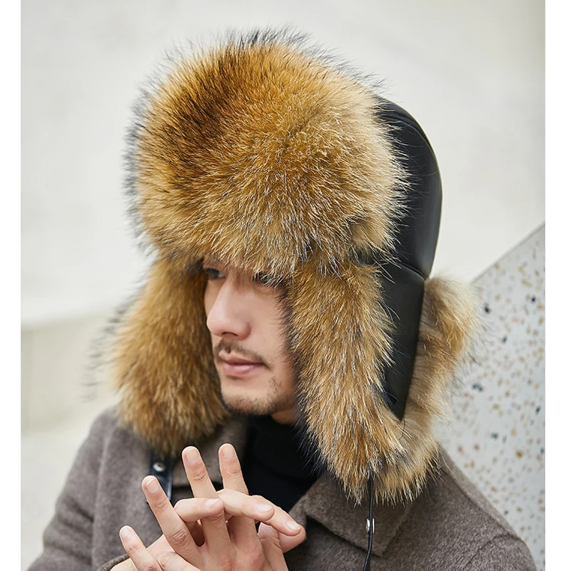 

Winter 100% Fur Fox Fur Cap Man Genuine Bomber Hat Windproof Warm Earmuffs Male Flat Grey/Black Russian Hat Fitted Casquette