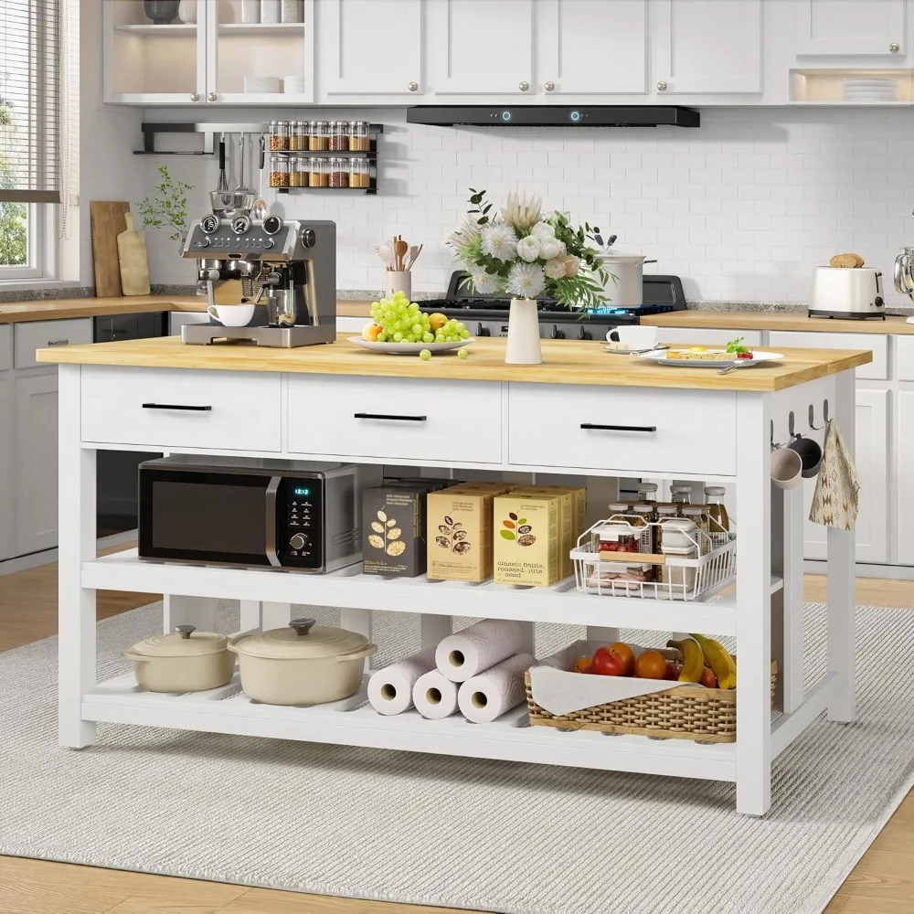 Extra Large Solid Rubberwood Kitchen Island with 3 Drawers, 2 Shelves, and Built-in Power Outlets