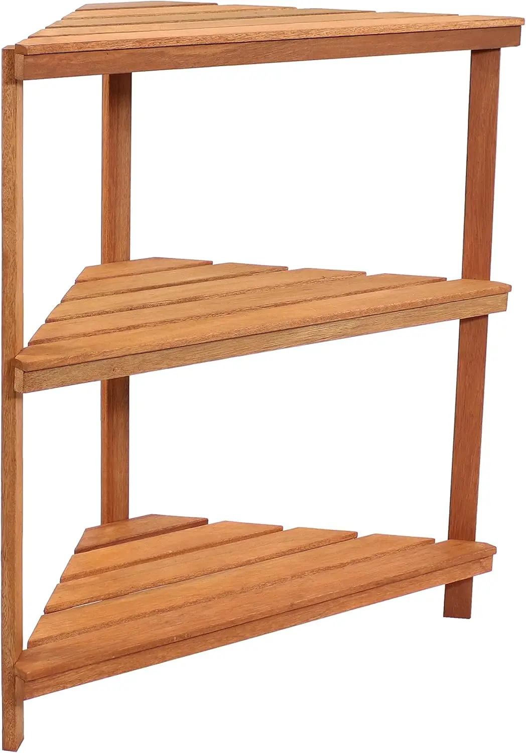 Wood 3-Tier Corner Plant Stand Shelves with Teak Oil Finish - Indoor/Outdoor Wooden Planter Furniture - Potted