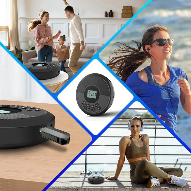 مشغل أقراص مضغوطة بلوتوث محمول قابل لإعادة الشحن مع مكبرات صوت مزدوجة وسماعات الرأس مشغل أقراص مضغوطة مشغل Mp3 أسود-A22U #4