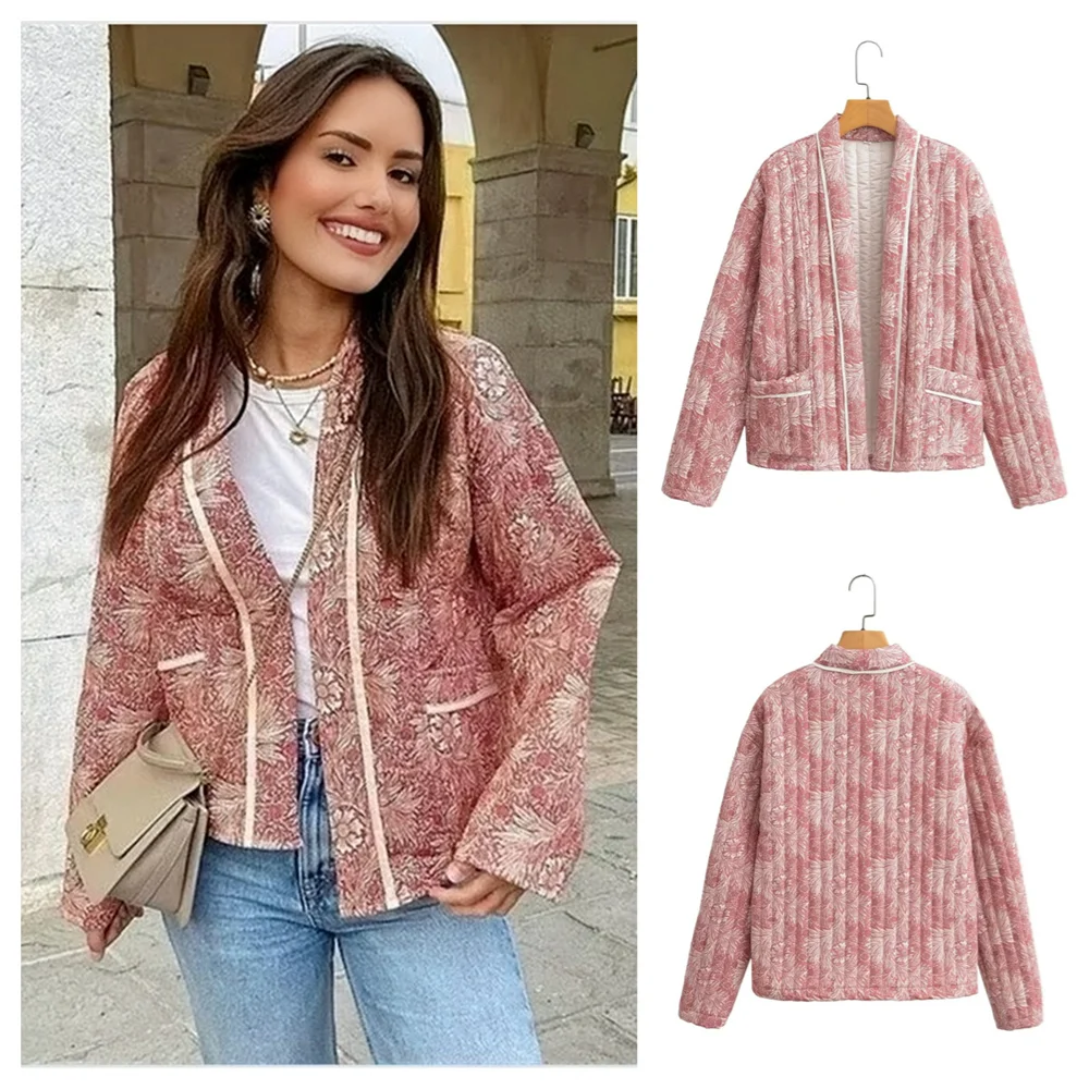 

2024, осенняя новая женская одежда, модная темпераментная свободная утягивающая хлопковая куртка без пуговиц с длинными рукавами и принтом