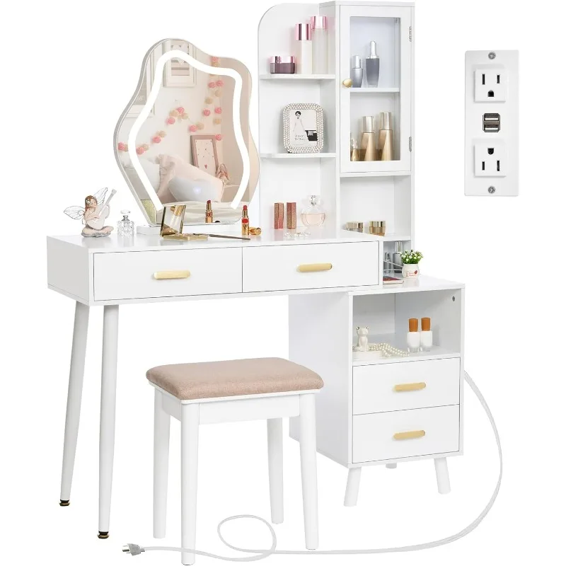 

Vanity with Lighted Mirror Vanity Desk with Mirror and Lights Girls Vanity with Power Outlet Stool Drawers Shelves Charging