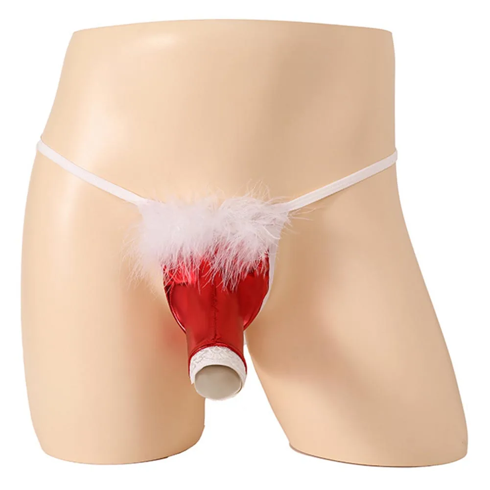 

Men Christmas Sexy Lingerie G-Strings Low Waist Soft Underpants See Through Brazilian Underwear Femboy T-back Feather Thong