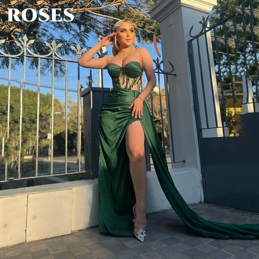 

ROSES Green Evening Dress Sweetheart Trumpet Satin Party Dress With Pleats Beaded Sleeveless 프롬드레스 Sexy Side Split Prom Dress