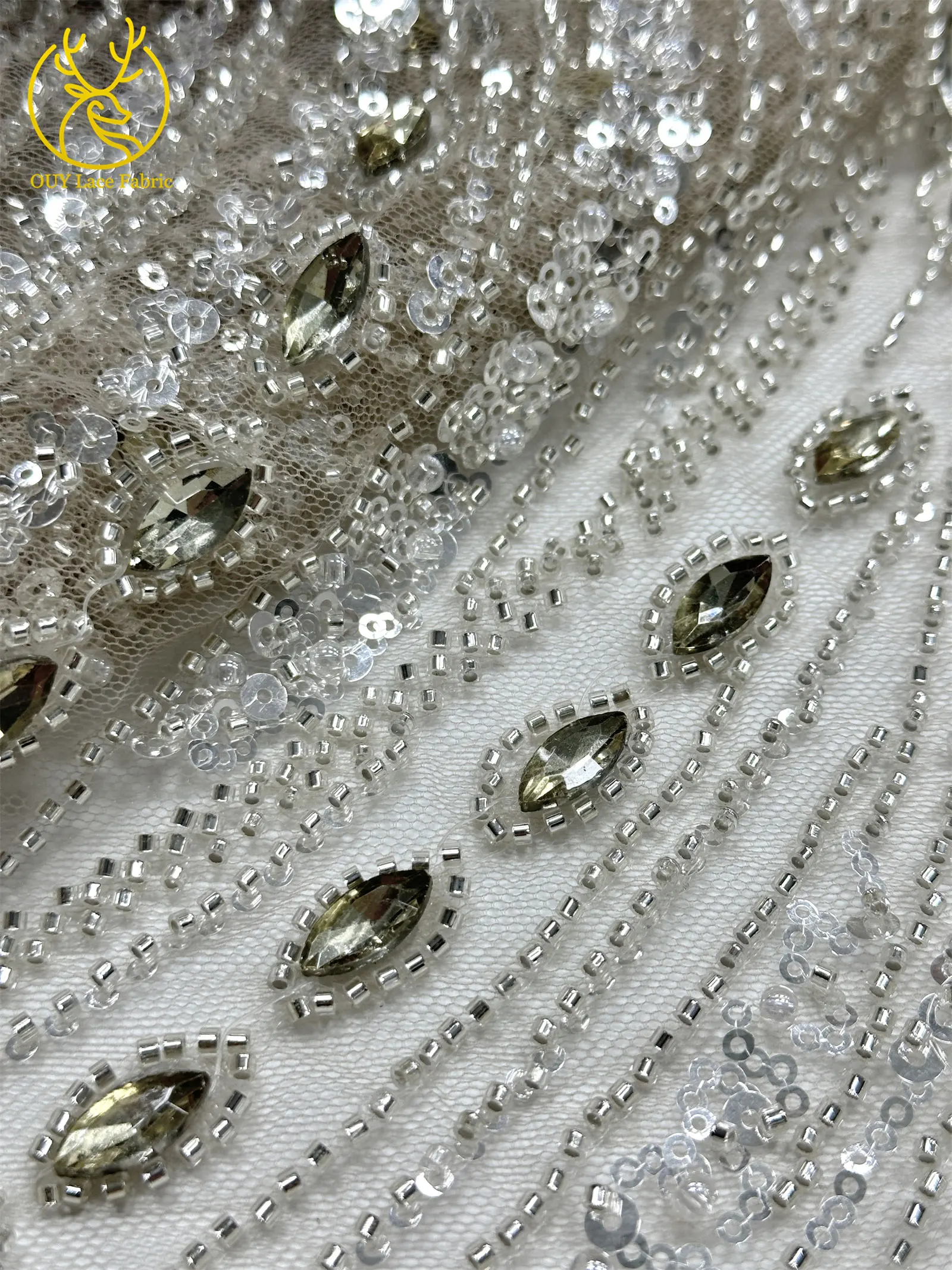 Marineblauer, hochwertiger, luxuriöser, österreichischer Diamant-Perlen-Spitzenstoff im neuen Stil 2026, afrikanischer Pailletten-Spitzenstoff für Brautkleider und Hochzeitsfeiern. – Detail 17