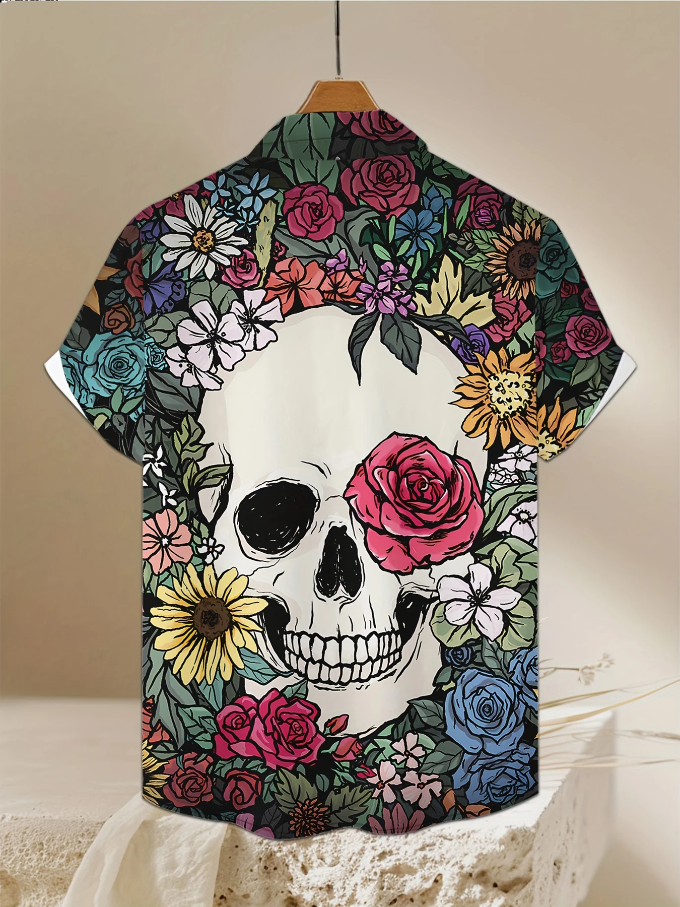 Camicia stampata in 3D con teschio colorato Street Hip Hop Personalità della moda Top casual da uomo Camicia hawaiana a maniche corte allentata estiva