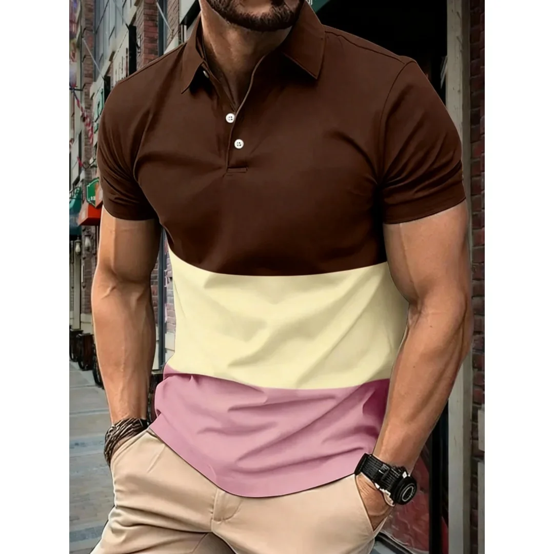 

Модная летняя новинка: удобная повседневная футболка с коротким рукавом, стильная контрастная рубашка-поло, элегантный мужской топ с отложным воротником из полиэстера