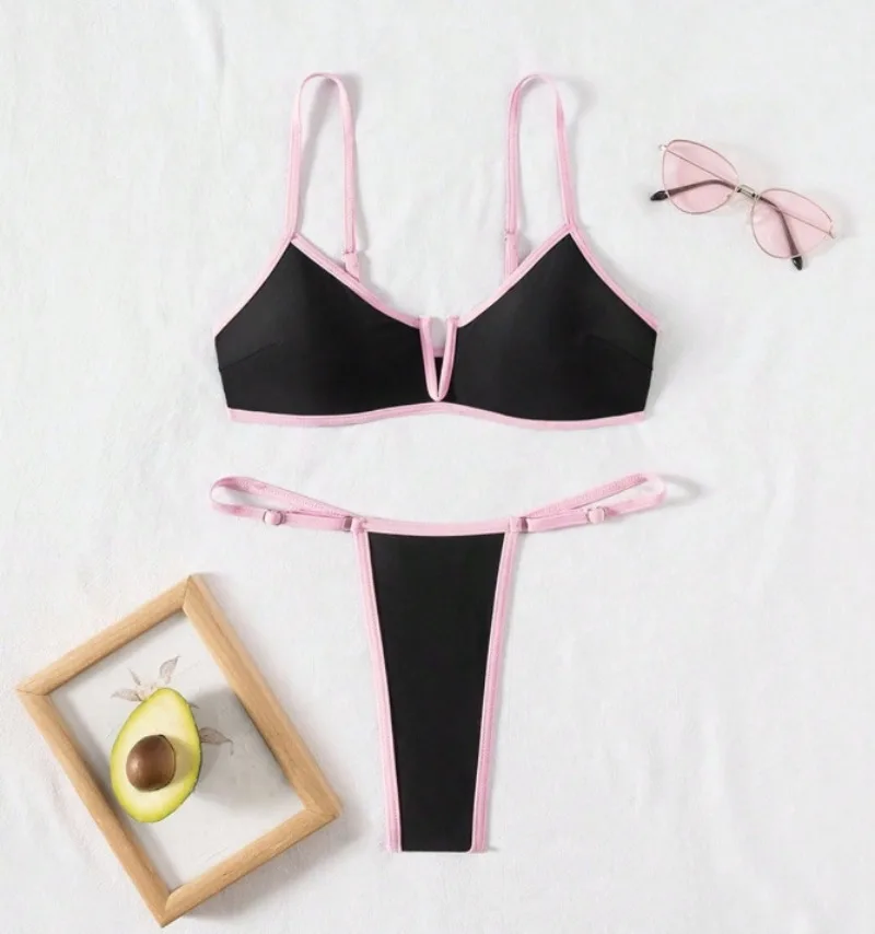 

Сексуальные розовые и черные микро-бикини в стиле пэчворк, комплекты из двух частей, купальники-стринги, пляжная одежда, купальники, бикини, танкини