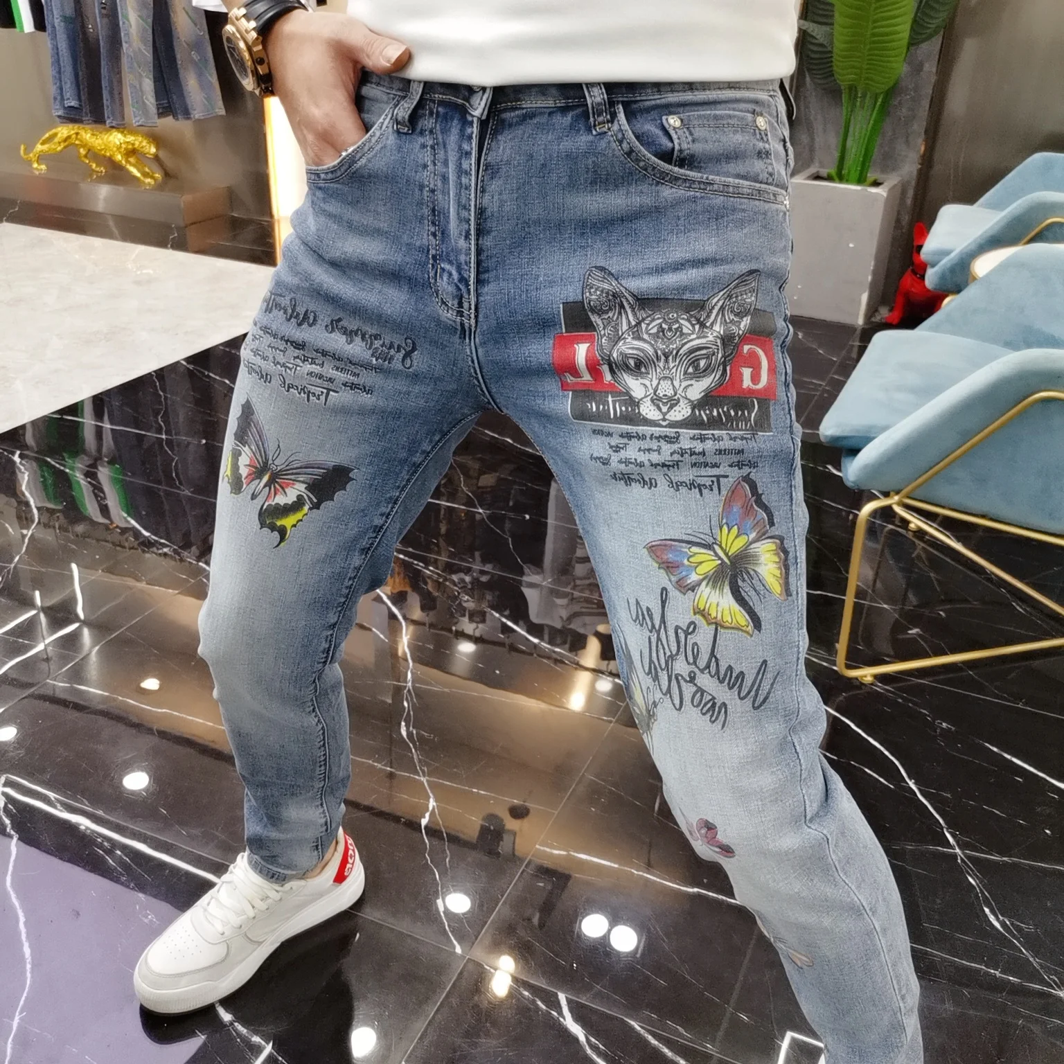 

Slim Straight Stretch Denim Pant Trousers Jean For Men Fancy Color Butterfly Print Jean 2022 Fashion Hip Hop Jean Graphic Jean