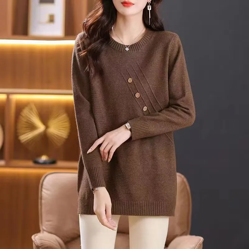 2024New Women Sweater Pullover Korean Autumn Winter All-Match Mid-Long Loose Fashion Knitwear Ladies Bottoming Shirt Jumper Tops