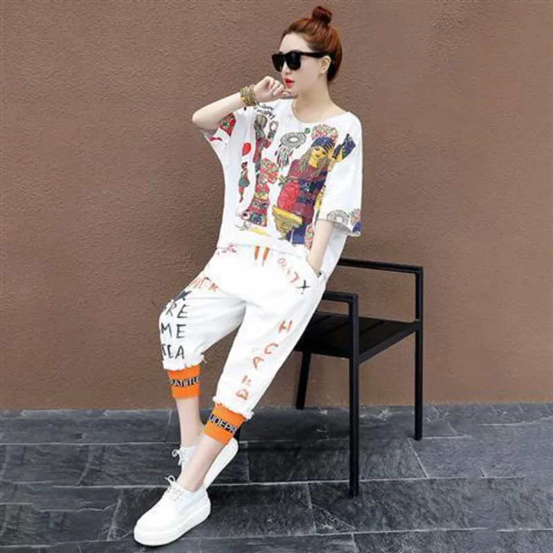 Women\'s Suit Summer Short Sleeved T-shirt And Harem Calf-Length Pants 2022 New Fashion Korean Loose Leisure Sports Two Piece Set