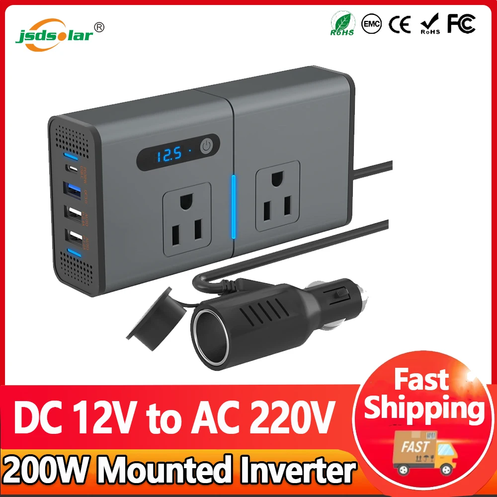 Inversor de energia para carro, preto, universal, 12v a 220v, multifuncional, carregamento rápido, conversor de energia tipo-c, qc 3.0, adaptador de alimentação usb