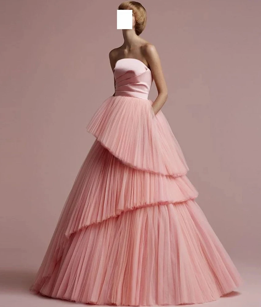 

MCDV Customized Graceful Tulle A-Line Tiered Evening Dress Temperament Strapless Sleeveless Floor Length Bespoke Occasion Gowns