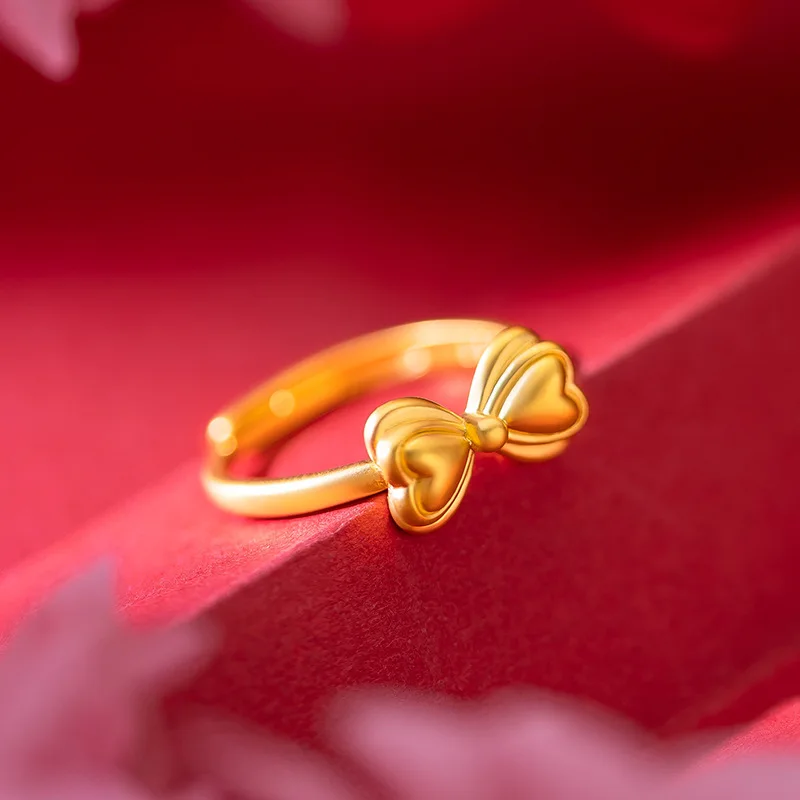 9999 gold niche design style bow-shaped open-ended ring with a touch of elegance. Sweet Japanese-style fugitive princess  ring.