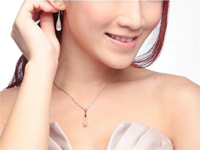 Pure 925 Sterling Silver Jewelry Set Simple White Pink Water Drop Opal Cat Eye Stones Pendant Necklace/Hook Earrings/Chain