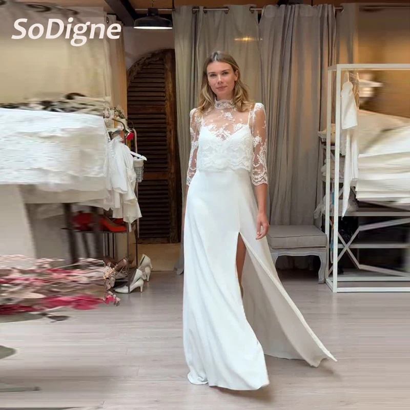 

SoDigne Mermaid Satin Wedding Dresses Sleeveless Bridal Dress with Lace Shawl Long Bride Gown vestidos de novia Customized