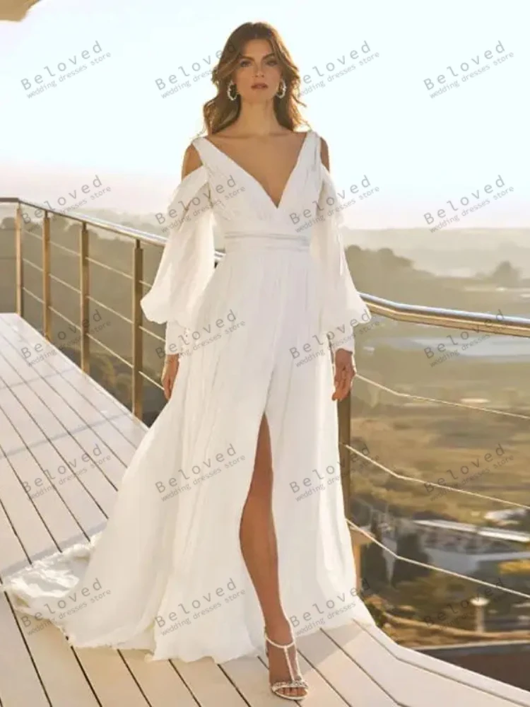 A Linha Vestidos De Noiva De Chiffon, Manga Longa Puff, Decote Em V Profundo, Fenda Alta, Sem Costas, Vestidos De Casamento Bohemia