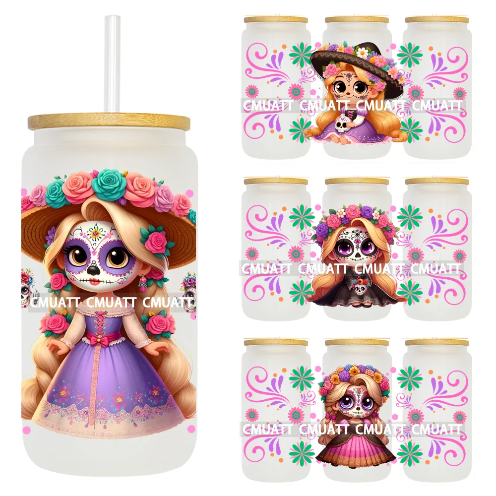 Cute Cartoon Girl Baby Dia De Los Muertos Mexican Talavera 16OZ UV DTF Cup Wrap Transfer Sticker Labels DIY For Libbey Glass Can