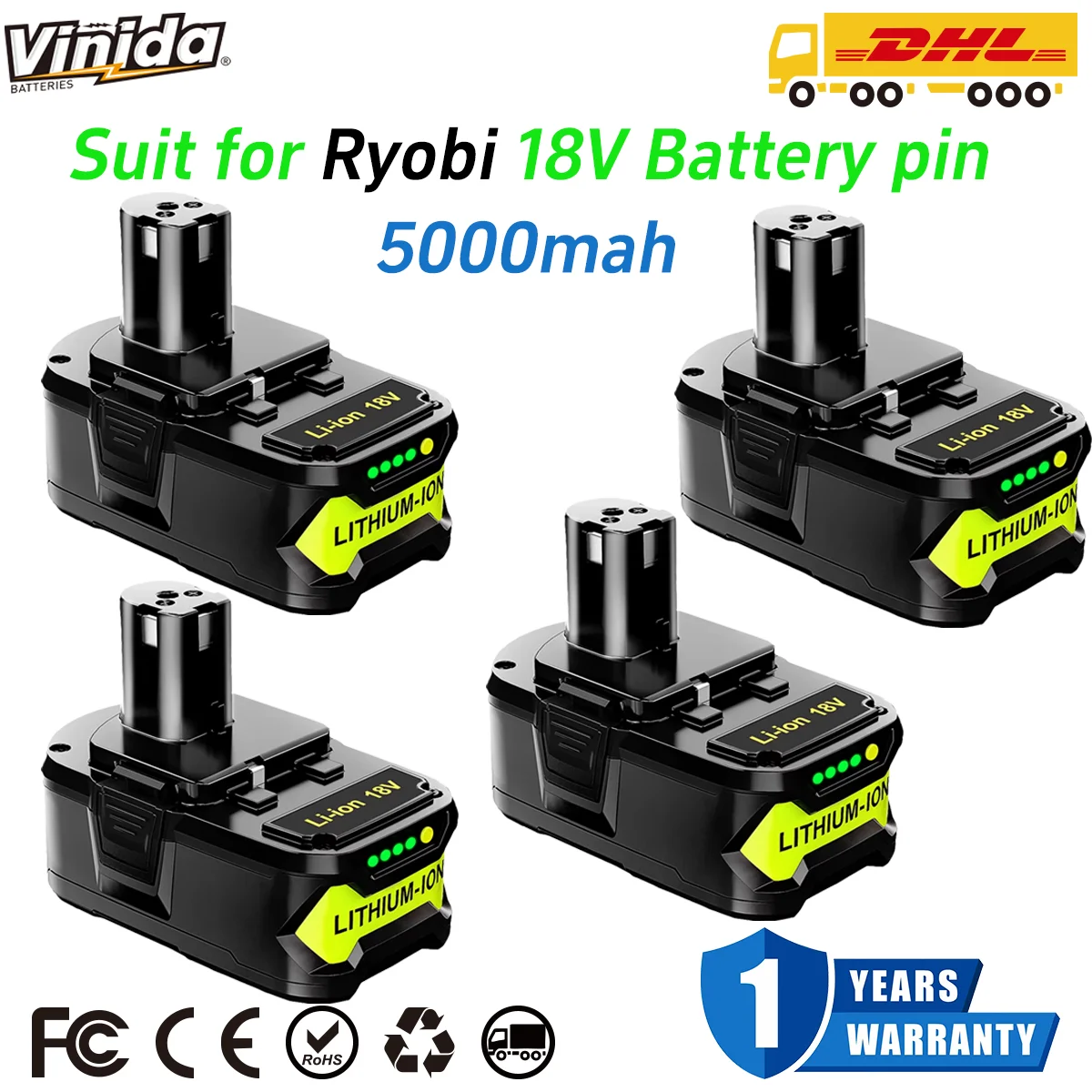 VINIDA P108 5.0Ah 1/2/4Pack 18V ONE+ Lithium-ion Battery Replace for Ryobi P104 P105 P106 P107 Cordless Power Tools Battery pin