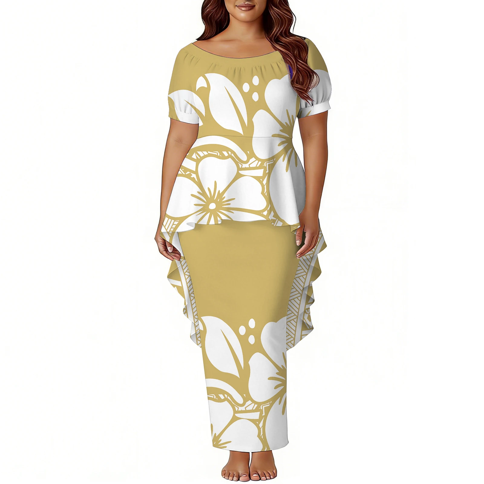 Vestido feminino personalizado padrão polinésia puletasi verão manga curta em torno do pescoço design rabo de andorinha topo e saia de fenda fina