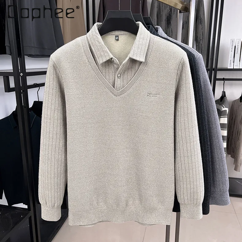 

Осень-зима, мужской искусственный двухсекционный свитер с отложным воротником, кофейное озеро, зеленый, повседневный полосатый трикотаж