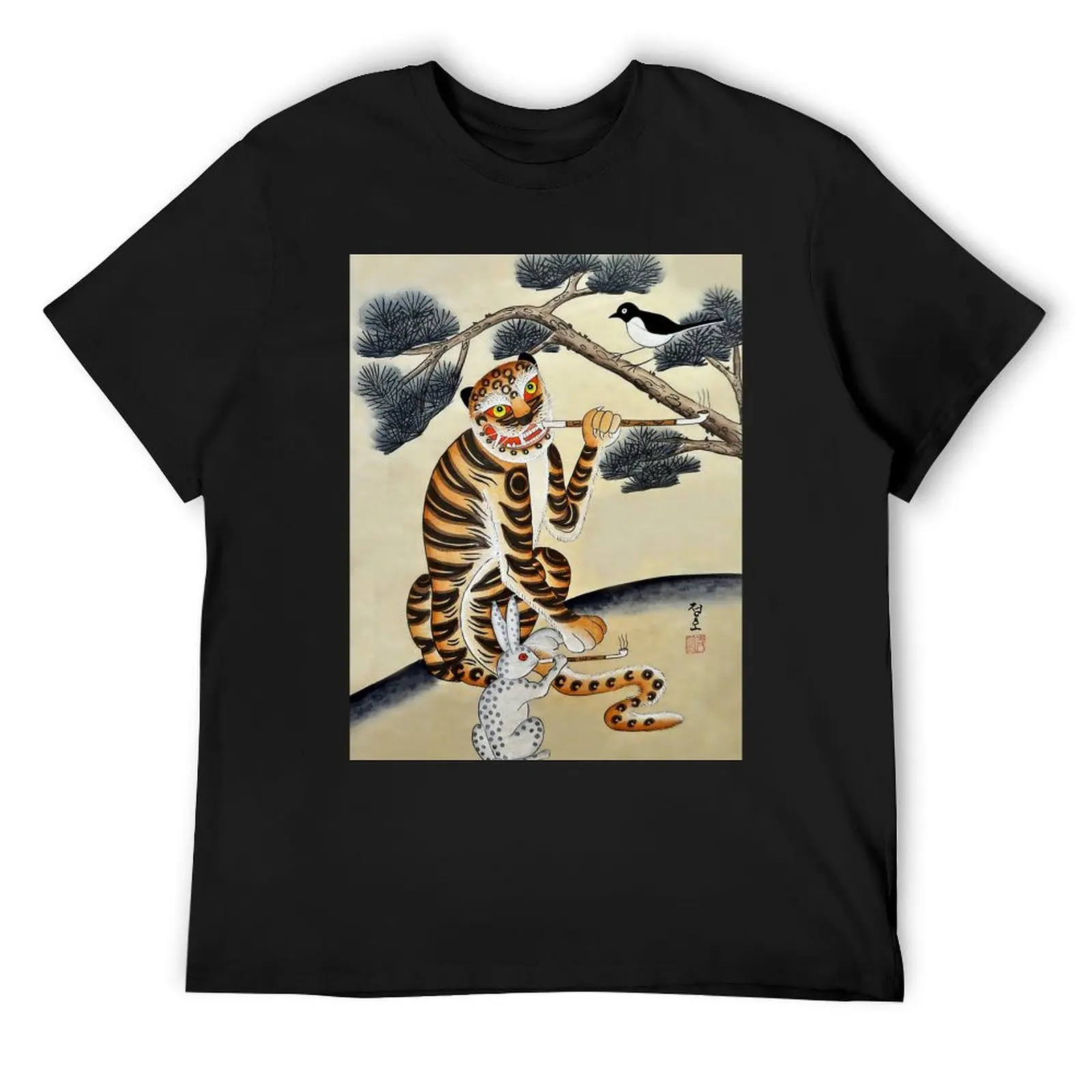 

Korean Minhwa Tiger with Pipe T-Shirt anime shirt cute clothes Funny t-shirts clothes for men
