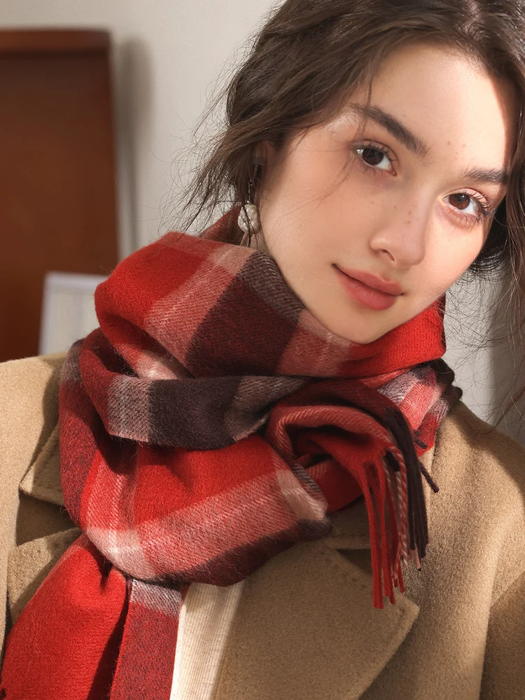 00-ウールチェック柄スカーフ女性のナロースタイル冬暖かいネックウォーマーホリデーギフトファッショナブルなカップルのチェック柄スカーフ