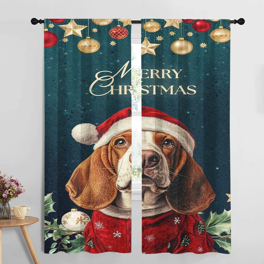 2PCS Christmas Curtains, Basset Hound Santa, Digital Print, Bedroom Living Room Kitchen, Rod Pocket Polyester, Home Decor