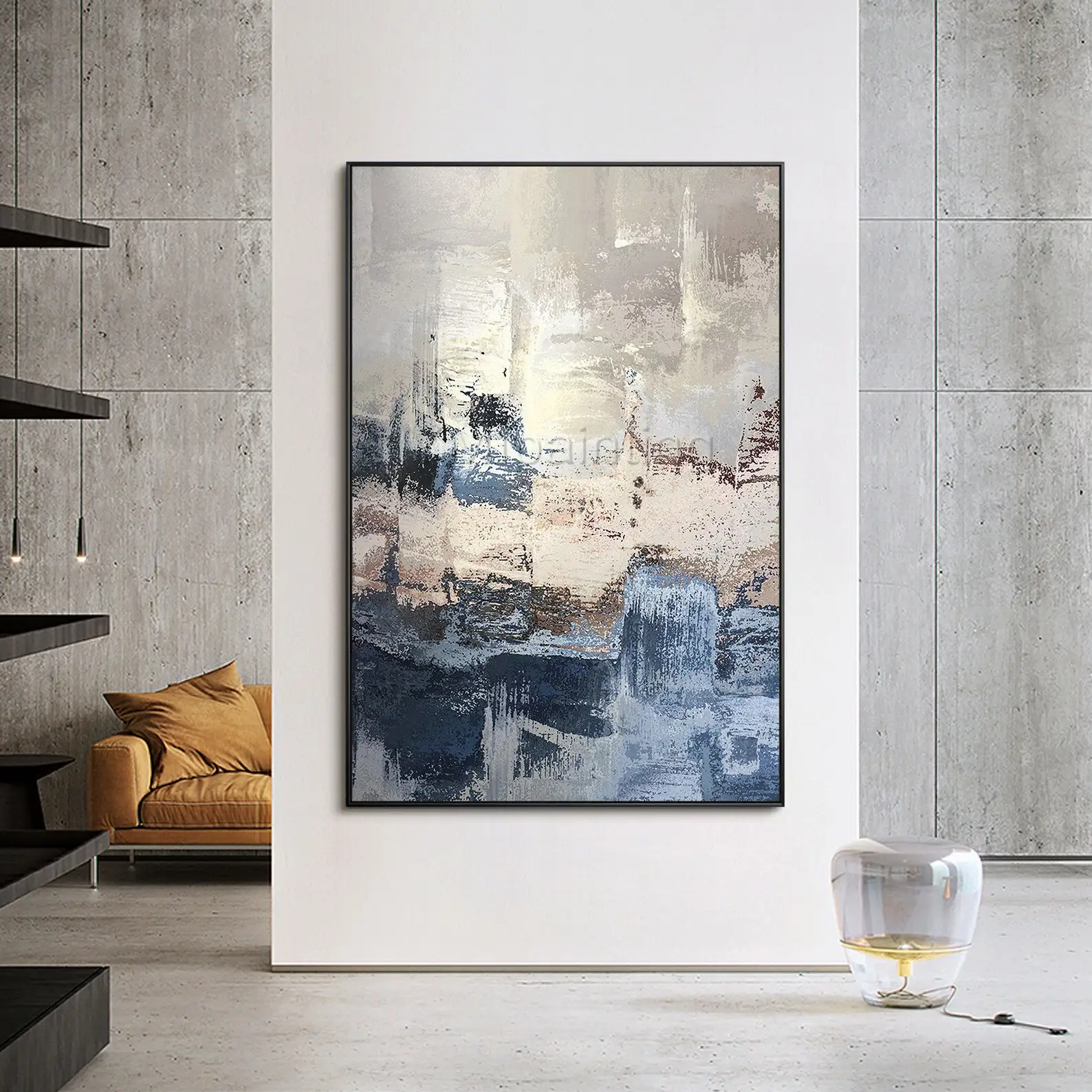 Mhemyo Large Original Blue Abstract Hand Painted Oil Painting Layered Paint Modern Geometric Canvas Art For Living or Home Decor